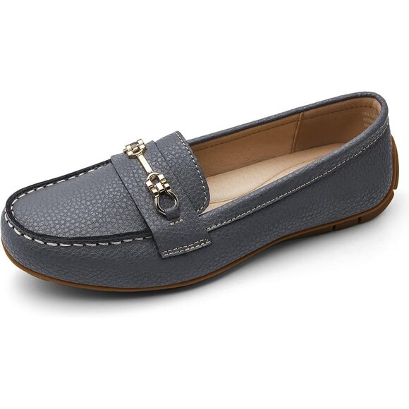 Kordal Women's Grey Leather Gold Accent Buckle Slip-Ons Walking Flats Loafers - Picture 2 of 9